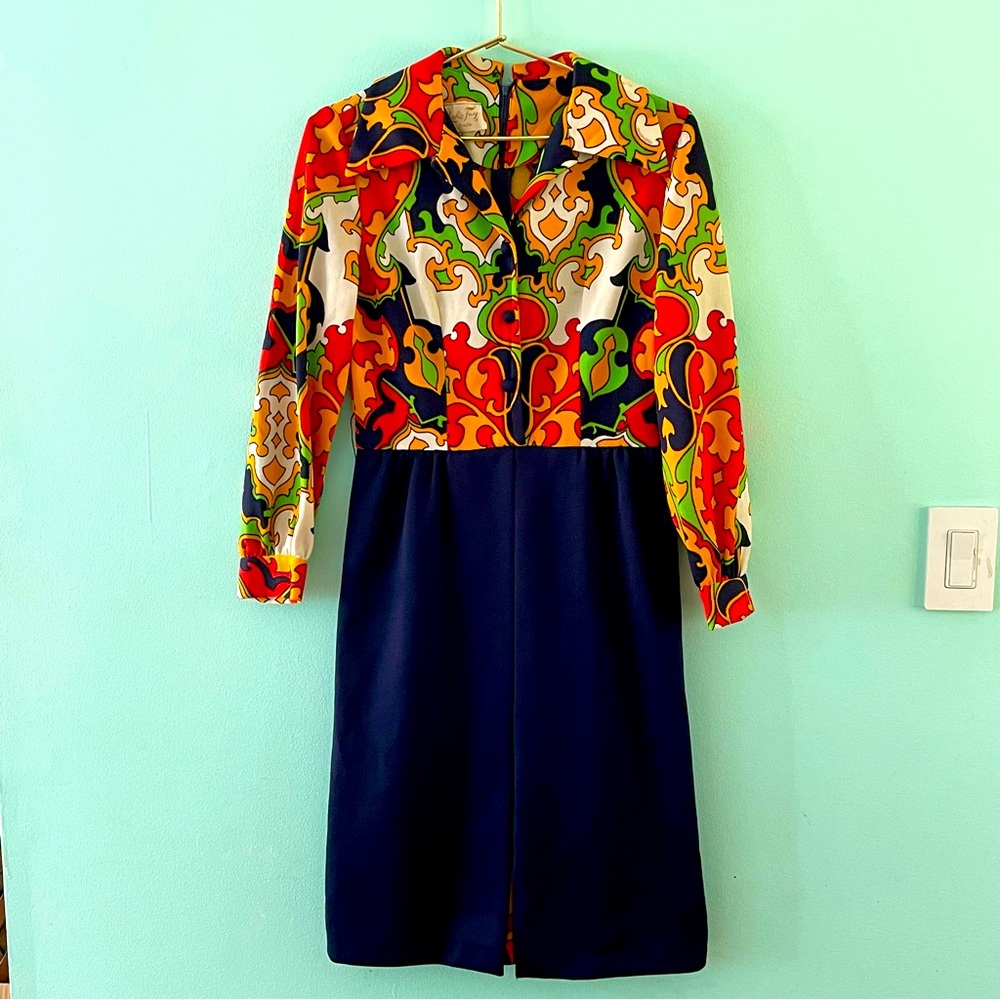 1970s Op Art Vintage Dress Leslie Fay Knits Small Polyester VTG 70s